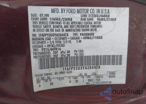 2000 Ford Taurus Lx z USA, uszkodzony, nr VIN 1FAFP52U3YA284478